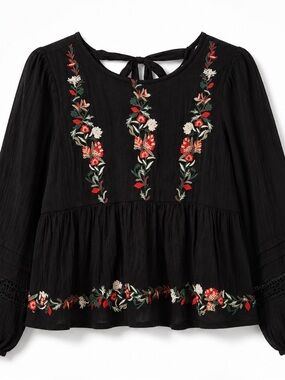 American Eagle Black Embroidered Boho Babydoll Top Size S
